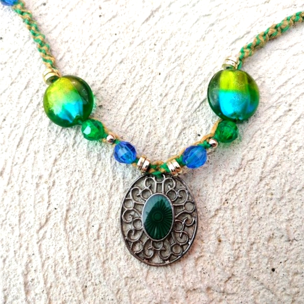 Blue Green Glass Beaded Hemp Macrame Necklace